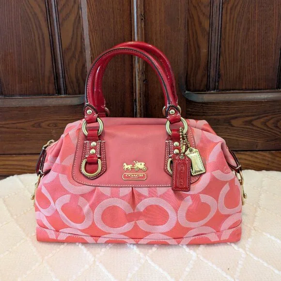 Coach Madison Sabrina Signature Pink Satchel with Red Patent Leather Trim. - Picture 2 of 16